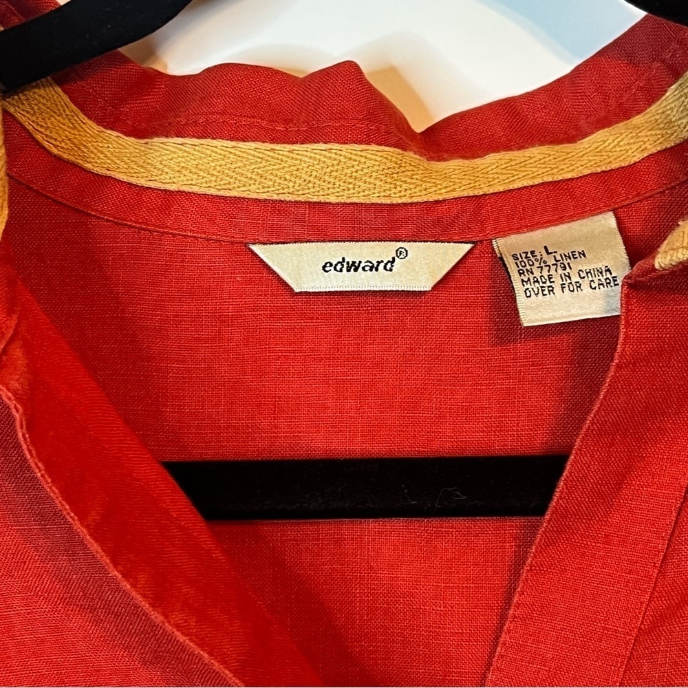 Edward Red 100% Linen Button Up Shirt Sz L 3/4 Sleeve Back Slit Jacket Blouse‌ - Picture 3 of 6